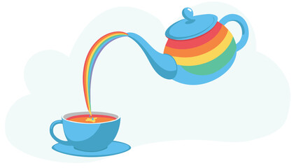 Rainbow tea. A teapot, a cup and a saucer. A rainbow teapot pours tea into a tea mug with a saucer. Vector compositions depicting a tea party.