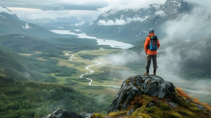 a person standing on top of the mountain, overlooking the valley below with misty clouds and mountai