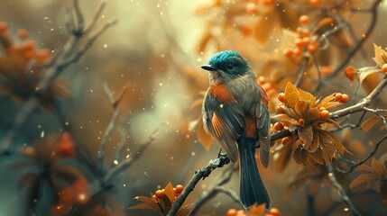 A small blue bird sits on a branch in a tree with orange leaves. The background is blurred and has a soft light. The bird is looking to the right.