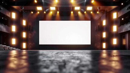 Canvas Print - Empty theater stage with a large white screen, illuminated by multiple yellow and orange lights, surrounded by black walls and rows of empty seats.