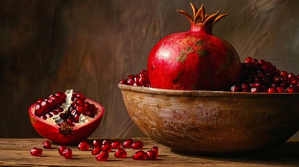 Wall Mural - Red pomegranate seeds in a rustic bowl for autumn or winter holidays
