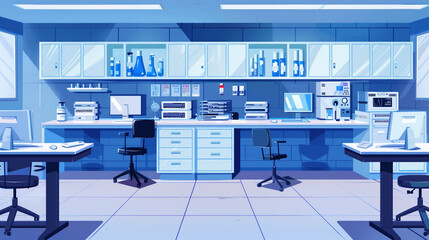 Canvas Print - Modern scientific laboratory with various equipment, computers, and glassware. The workspace is organized with cabinets, shelves, and chairs, emphasizing a clean, high-tech environment.