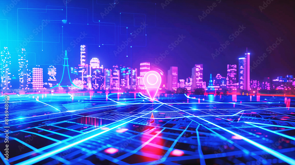 Futuristic cityscape with glowing neon lights and digital map overlay ...
