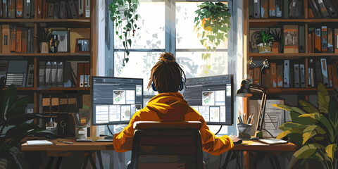 Vector illustration of a professional working at a dual-monitor setup in a cozy home office, surrounded by bookshelves and plants, perfect for remote work