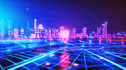 Poster - Futuristic cityscape with glowing neon lights and digital map overlay. A neon location pin floats above the grid, representing navigation and urban technology.