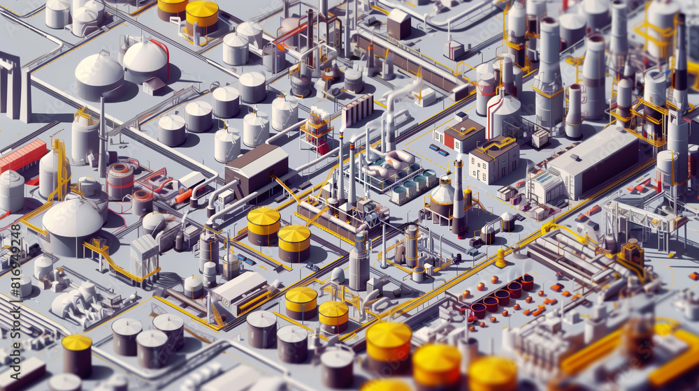 A detailed isometric illustration of an industrial complex featuring ...