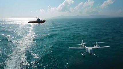 Capture the aerial perspective of drones patrolling maritime borders, providing real-time surveillance and monitoring of illegal activities such as smuggling and piracy 