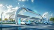 © songwut - Depict a futuristic transport hub where electric and hydrogen-powered vehicles recharge/refuel, with renewable energy sources like solar panels and wind turbines powering the infrastructure