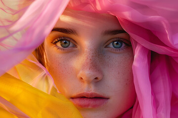 Wall Mural - A woman with blue eyes and a pink scarf on her head