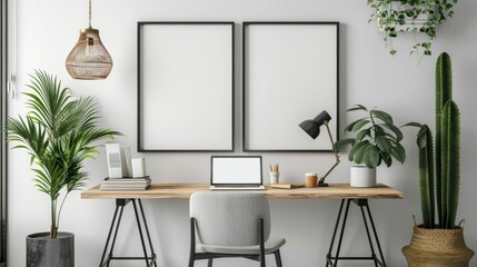 Wall Mural - Minimalist Contemporary Home Office with Blank Poster Frame Inspiring Creativity