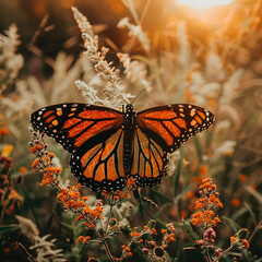 Wall Mural - A butterfly is flying in a field of flowers