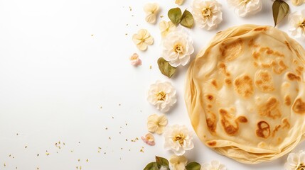 Top View Middle East Canai or Paratha Flat Bread, or also known as Roti Maryam in Indonesia with flower on white background