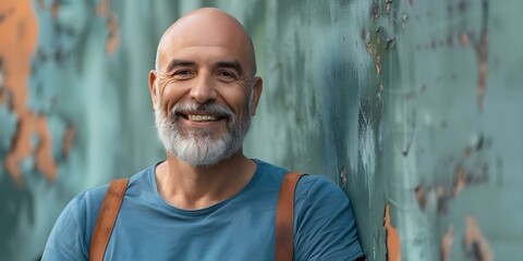 Wall Mural - Portrait of a Bald Man with Gray Beard and Blue T-shirt and Suspenders Smiling Against Green Wall. Concept Portrait Photography, Bald Man, Gray Beard, Blue T-shirt, Suspenders, Green Wall, Smiling