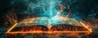 © djmaxx24 - An open book with glowing pages on fire, surrounded in the style of digital circuit patterns and smoke in the background. The scene conveys an atmosphere of mystery and magic. High resolution photogra
