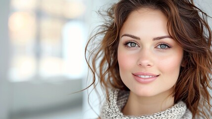 Wall Mural - A woman with brown hair and green eyes is smiling for the camera
