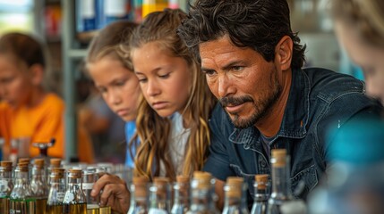 Wall Mural - science teacher conducting an experiment with students, showcasing the hands-on learning opportunities that allow students to apply scientific concepts in practical ways.stock photo