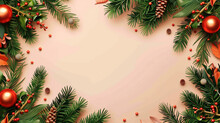 Festive Holiday Background Featuring Green Pine Branches, Red Berries, Pine Cones, And Red Ornaments Arranged Around A Light Beige Central Space.