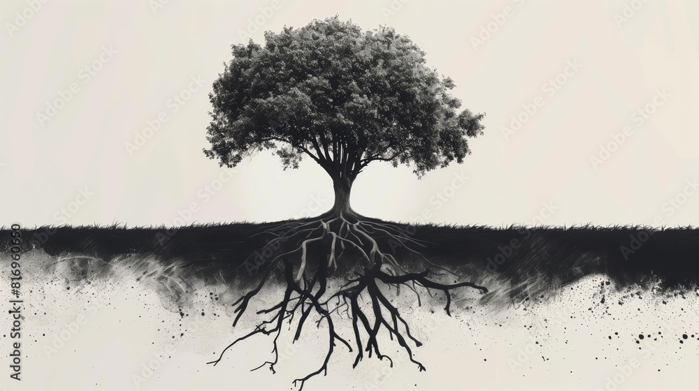 Black and white illustration of a tree with detailed roots extending ...