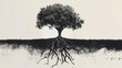 © Natalia - Black and white illustration of a tree with detailed roots extending underground, highlighting the relationship between the visible and hidden parts of nature.