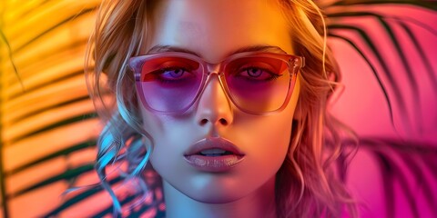 Wall Mural - Blonde model wearing unique sunglasses with a pop art palm tree background. Concept Fashion Photography, Creative Accessories, Tropical Vibes, Summer Style, Unique Backdrops