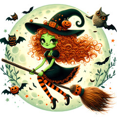 A witch with green skin on a broomstick