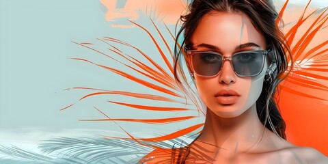 Wall Mural - Pop art collage of brunette model in sunglasses with beach background. Concept Pop Art, Collage, Brunette Model, Sunglasses, Beach Background