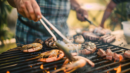 Wall Mural - Unrecognizable man cooking seafood on a barbecue grill in the backyard. Close up.