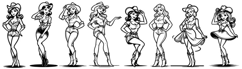 Wall Mural - country cowgirl retro pinup girl, black vector transparent, pin-up woman nocolor silhouette sketch vintage illustration, comic character shape for laser cutting engraving print