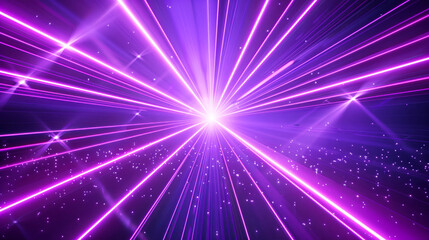 Sticker - Abstract image featuring vibrant pink and purple laser beams converging at a bright central point against a dark background filled with small sparkling particles.