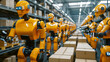 © OMD - A futuristic warehouse with rows of orange robots handling and organizing packages on shelves, showcasing advanced automation and robotics in logistics.