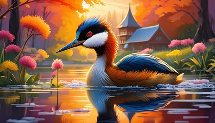 Wall Mural - Grebe birds photorealistic, detailed, colorful, high-contrast, Grebe birds oiseau, animal, nature, faune, bec, grue, sauvage, blanc, illustration