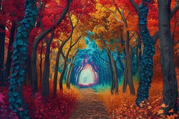 Wall Mural - Explore the surreal and magical enchanted autumn forest pathway with vibrant multicolored foliage and dreamlike ethereal beauty in a scenic landscape setting