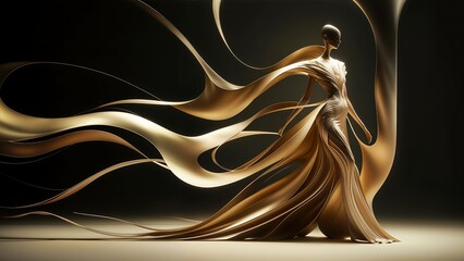 Poster - A Sculpture of an Elegant, Golden Mannequin With Bright, Soft Waves in a Visual Dance.