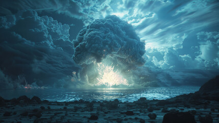 A large explosion is seen in the sky above a body of water