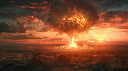 A large explosion is depicted in a desolate landscape with a bright orange sky