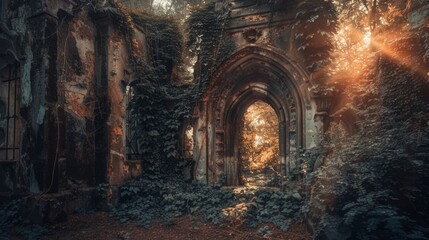 Wall Mural - Sunlit archway in overgrown ruins
