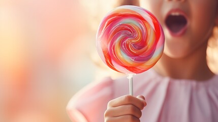 Wall Mural - A girl is holding a lollipop with a white stick