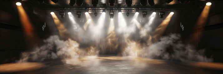 Canvas Print - Stage with multiple spotlights and theatrical smoke creating a dramatic atmosphere. The scene is dark and moody, set for a performance or event.