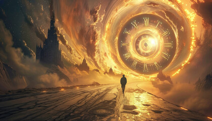 Wall Mural - A man stands on a rocky hill looking up at the sky by AI generated image