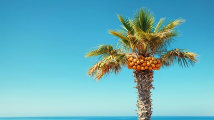 Wall Mural - A palm tree stands on sandy beach next to the ocean waves