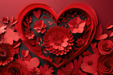 Wall Mural - red paper flowers in the shape of a heart. The background is a dark red color.