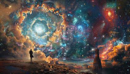Wall Mural - A man stands on a rocky hill looking up at the sky by AI generated image