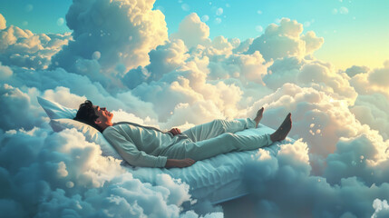 Poster - A person wearing white pajamas lies on a bed floating among fluffy clouds in a dreamlike sky, creating a serene and surreal atmosphere.