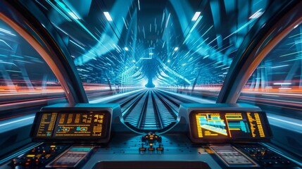 Wall Mural - Create an image of an ETCS-equipped high-speed train crossing a futuristic bridge, with control panels displaying interoperability data 