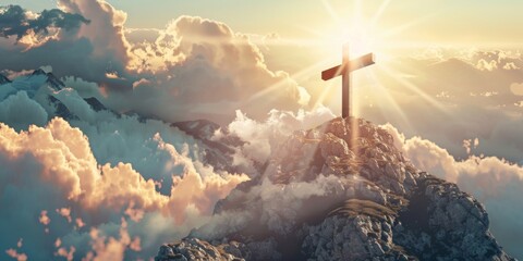 Wall Mural - A Cross On Top Of A Mountain With The Sun Shining Behind It