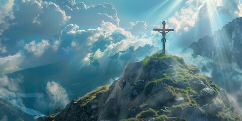 Wall Mural - A Cross On Top Of A Mountain With The Sun Shining Through Clouds Behind It