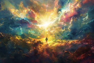 Wall Mural - A Painting Of A Man In The Sky With The Sun Shining Through The Clouds Presence Of A Higher Power