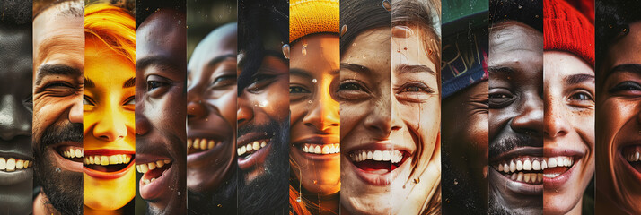 Wall Mural - A vibrant collage of diverse people smiling, with each face segmented into vertical strips. The image radiates happiness, unity, and diversity with various expressions.