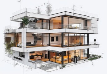 Aufkleber - Wireframe rendering of a contemporary house with technical details