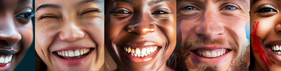 Wall Mural - A collage of close-up, smiling faces of diverse individuals showcasing different emotions and expressions.